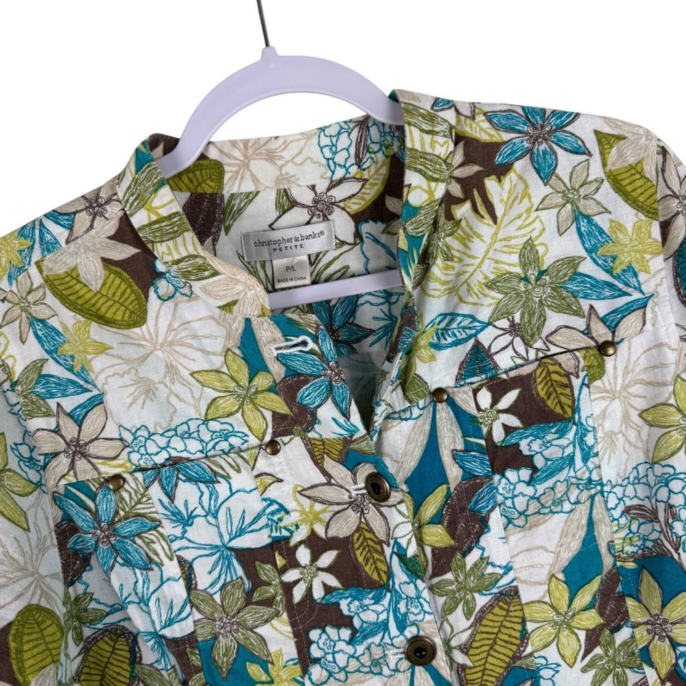 Christopher & Banks Large‎ Petite Floral Linen Blend Button Down 3/4 Sleeve Top